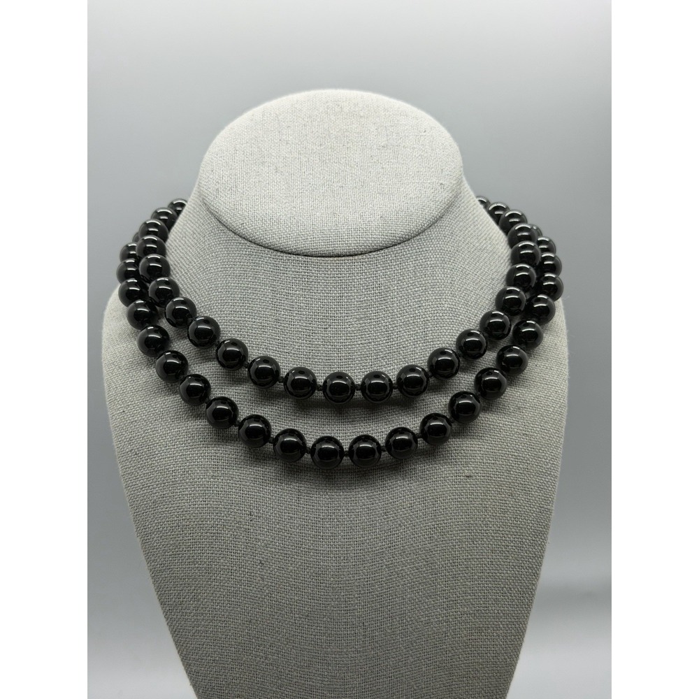 Black Glass Beaded Necklace‎ Knotted Long Overhead 28 Inch